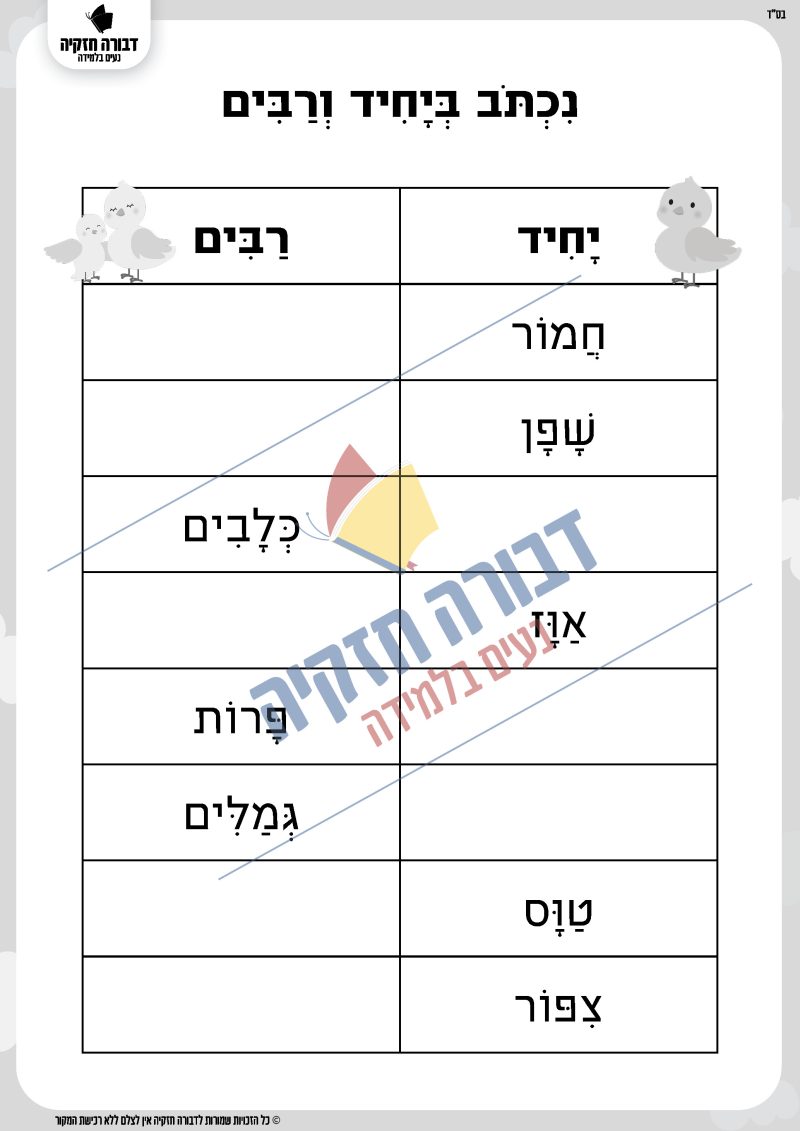 דף עבודה יחיד ורבים